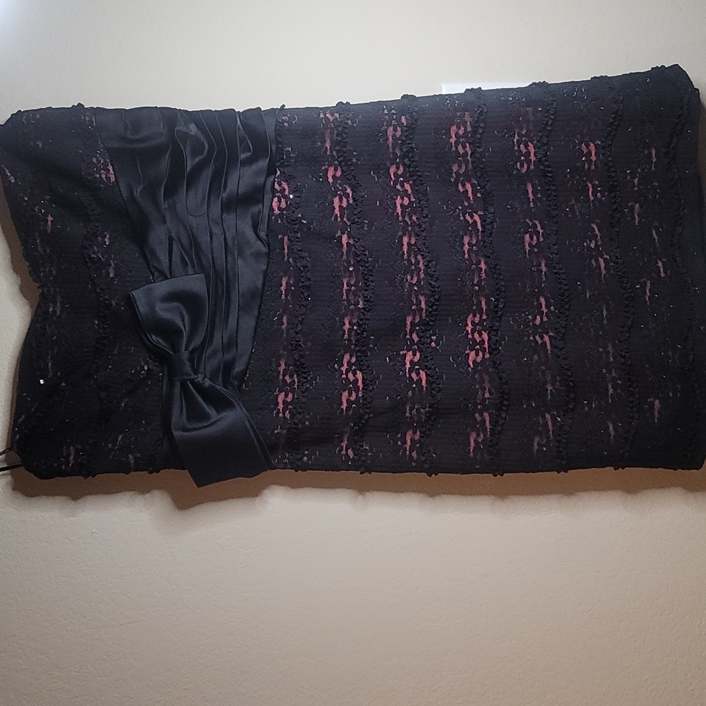 Gorgeous 60s styles strapless black and pink dress with lace and sequin detail